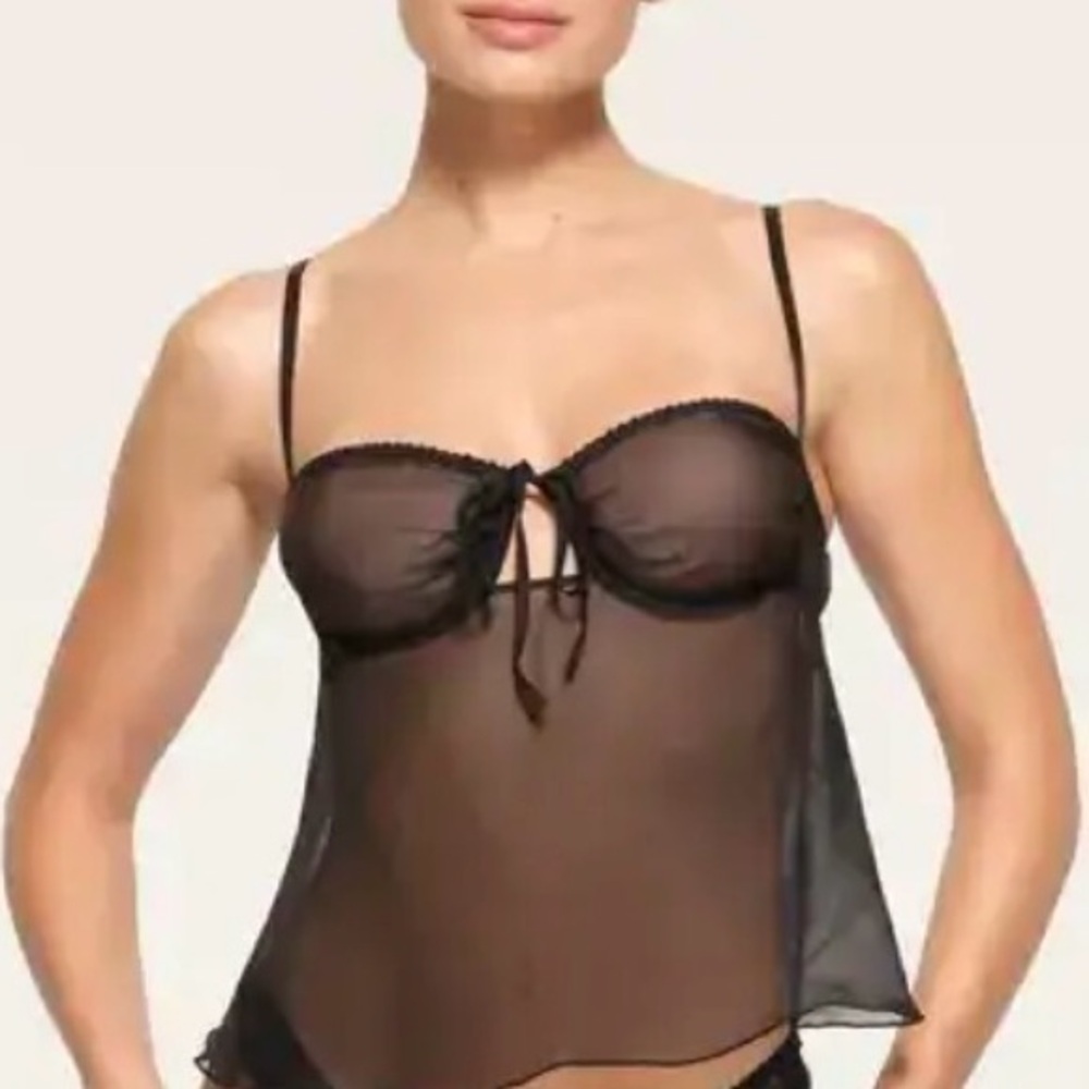 Skims 100% silk Sheer Black Babydoll Chemise Lingerie with Tie Front L
